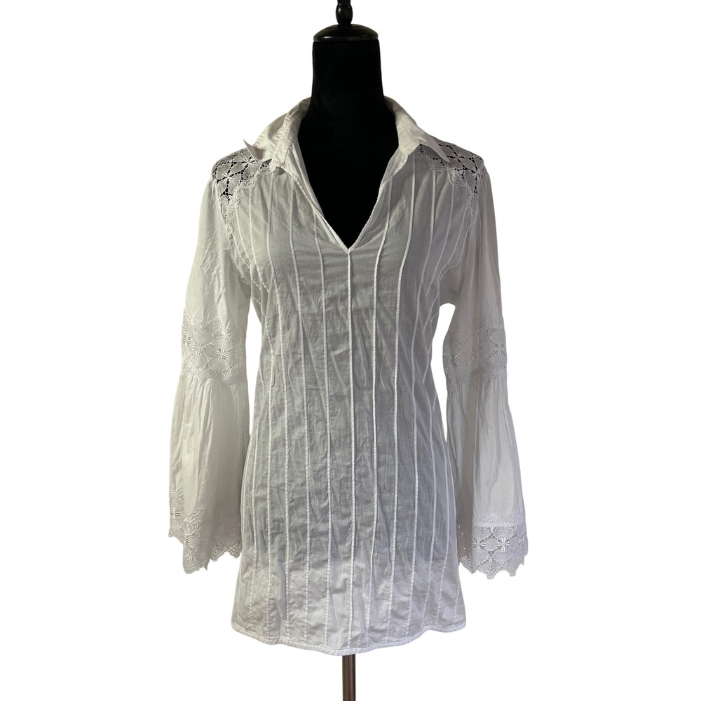 Anne Fontaine White Lace Pintuck Tunic Bell Sleeve Lace Up Back Romantic Top